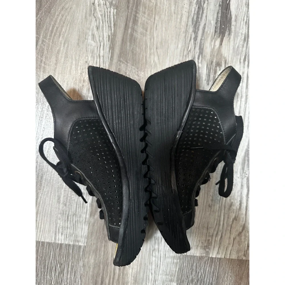 Fly London Yala Black Leather Perforated Lace Up Wedge Sandals Peep Toe EU39/US8
